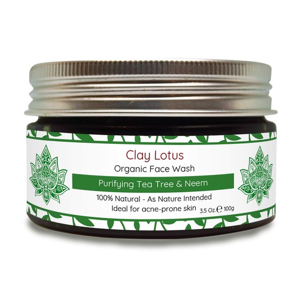 Clay Lotus Organic Face Wash for Acne-Prone, Oily Skin With Tea Tree Oil & Neem. All-Natural Acne Facial Cleanser For Blemishes, Spots, Redness & Blackheads. For Teens, Women & Men. Vegan