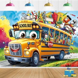 Welcome Back to School Backdrop 6x4FT Cartoon Yellow School Bus Photography Background First Day of Classroom Party Decorations Supplies Photo Props