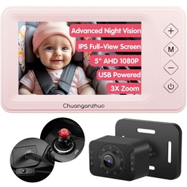 Chuanganzhuo S100U Baby Car Camera with Advanced Night Vision, AHD 1080P 5inch IPS Full View Car Baby Monitor, Carseat Camera for Kids Infants Rear Facing Mirror, USB Powered, 5inch, Light Pink
