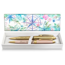 Authentigo Inspirational Ballpoint Pen Set For Women, 2 Ballpoint Pens for Journaling and Writing, with Gift Box, Gold Pen and Pink Pen with Gold Trim, Black Ink