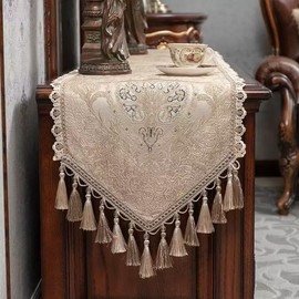 Yicorgard Luxury Embroidery Table Runner 110 inches Long,Double Layer Design European Vintage Style Decorations for Home Dining Room Kitchen Dresser Party Decor(Yellow, 13x110in)