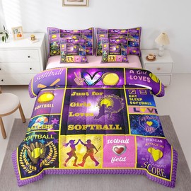 Erosebridal 7 Pcs Softball Bed in A Bag Full,Purple Patchwork Bedding with Bed Sheets for Kids Teens,Softball Sports Comforter Set for Girls Boys,Extreme Sports Ball Game Quilt with Pillowcases