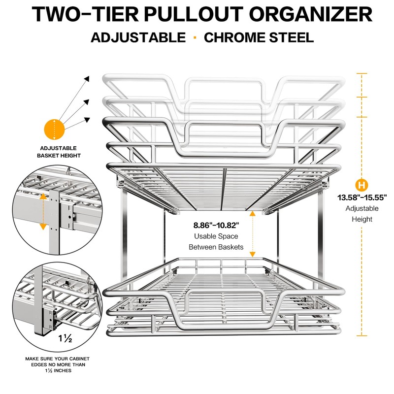 QUYUWU 2-Tier Kitchen Cabinet Pull Out Cabinet Organizer,Shelf and Drawer