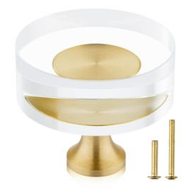 QOGRISUN 5-Pack Brass Crystal Cabinet Knobs,Glass Crystal Gold Drawer Knobs,1-1/4-Inch Round, Decorative Dresser Pulls, Modern Cabinet Hardware