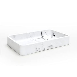 SunnyPoint Faux Marble Jewelry Organizer Resin Tray, Dresser Vanity Tray Dish Ring Cosmetic Organizer for Candle Perfume Soap Shampoo Small Plant Home Decor - (Marble White, 10.23" X 6.22" X 1.57")