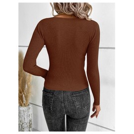 WDIRARA Women's Wrap V Neck Long Sleeve Cross Front Knitted Top Pullovers Coffee Brown X-Small