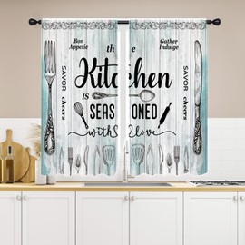 Rustic Teal Kitchen Curtains 27.5W x 45L Inch Small Mini Country Vintage Farmhouse Retro Wooden Barn Fork Knife Spoon Rod Pocket Short Curtain Tiers for Cafe Window Drapes Treatment Fabric 2 Panels