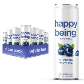 Happy Being Nutrient-Rich Blueberry White Tea – Infused with Turmeric, Elderberry, Vitamin D3, Caffeine Free, Plant-Based, Low Calorie & Low Sugar Drinks, 12oz (16 Pack)