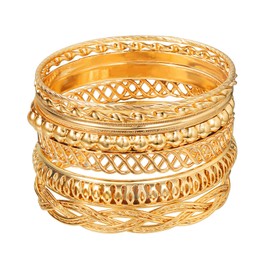 7Pcs Bohemian Indian Chunky Stackable Textured Bangle Bracelet Set Multilayer Boho Cable Rhinestone Bead Bracelet for Women Friend Vintage African Wedding Jewelry Birthday Gift-J 7pcs gold