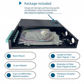 TXWTXPJ-6-Port LC Duplex OM3 Multimode Fiber Enclosure Kit, 12-Core Rack Mount Enclosure with Splice Trays & Pigtails & Couplers for CATV/Data Centers