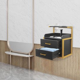 Wall Mounted Salon Wall Cabinet Salon Cabinet with 2 Drawers Wall Mount Salon Station with Hair Dryer Holder Load Capacity 110.23lbs Hair Salon Station Cabinet for Salons Bathroom (Gold＋Black)