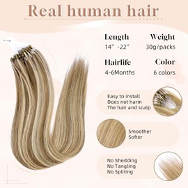 MioYio Microlink Hair Extensions Human Hair #18613 Blonde Highlight Bleach Blonde 30g/30s/Pack 20inch Microbead Micro Loop Hair Extensions Real Human Hair