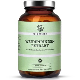 QIDOSHA Willow Bark Extract with 25% Salicin, 180 Capsules in Pharmacist Glass, Active Ingredient Content Tested in External Laboratory, 250 mg per Capsule, German Production