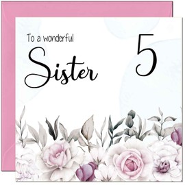 5th Sister's Birthday Card for Sister Floral Elegant Birthday Card for 5 Year old Kids five, fifth