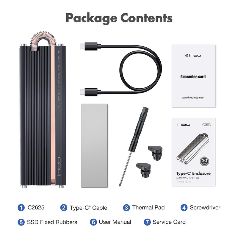 ineo M.2 NVMe SSD Enclosure with Embedded Copper Column Cooling,