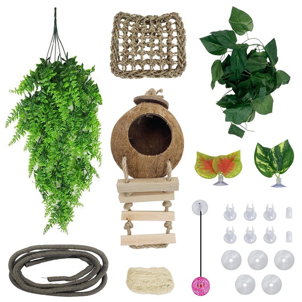 Hamiledyi Crested Gecko Tank Accessories,Reptile Vines Plants with Coconut Shell