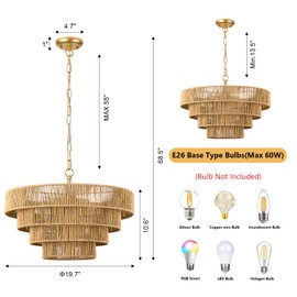Haolaike Boho Chandeliers Hand Woven Rattan 4 Round Pendant Light Fixtures Minimalist 6 Lights Large Pendant Lights for Kitchen Island Dining Room Hallway Living Room