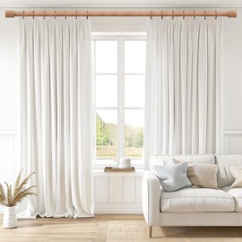 JRZOO Wood Curtain Rods, 1'' Decorative Adjustable Rustic Farmhouse Drapery Rod, Heavy Duty Boho Curtain Pole for Windows 48 to 84 Inch with Imitation Wooden Grain Finials, (Light Wood/Unique Design)