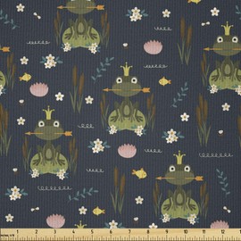 Lunarable Frog Fabric by The Yard, Whimsical Cartoon Crowned Cartoon Characters Holding Elements on a Pond Lake, Microfiber Fabric for Arts and Crafts Textiles & Decor, 3 Yards, Multicolor