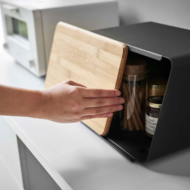 YAMAZAKI Metal Bread Box With Removable Bamboo Wooden Cutting Board
