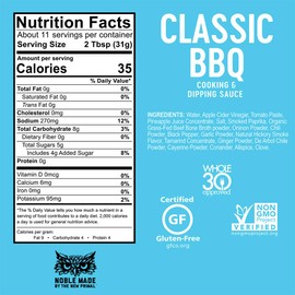 Noble Made by The New Primal, Classic BBQ Sauce, Whole30 Approved, Paleo, Gluten Free, Keto, Low Carb, Low Calorie, Dairy and Soy Free, Glass Bottle, 12 oz, 3 pack