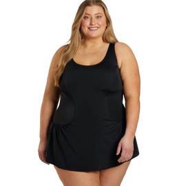 Sporti Plus Size Swim Dress for Women Swimsuit, Tummy Control, Mom Bathing Suit Sun Protection, Conservative Fit - Black - 30W