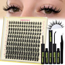 Goddvenus Manga Individual Eyelashes Kit Natural Wispy Anime Cluster Lashes Kit Japanese Style DIY Eyelash Extensions Kit with Bond and Seal Lash Glue Lash Tweezers (0.02mm Thickness 8-16mm D Curl)
