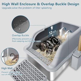 LMEBE Large Stainless Steel Cat Litter Box,Kitty Litter Box with Lid,XL Jumbo Enclosed High Sided Cat Litter Pan Cat Boxes for Indoor Cats,Cat Litter Scoop with Holder,Non-Sticky Never Absorbs Odors