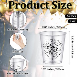 Sliner 62 Pcs Happy New Year Shot Glasses Bulk 2 oz New Year's Eve Plastic Shot Cups Clear Disposable Cups Shot New Year's Party Favor for Holiday Present Decoration