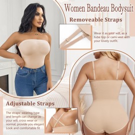 ONEW Strapless Bandeau Shapewear Bodysuit for Women Cami Bodysuit Top with Removable Spaghetti Straps Tummy Control Full Body Shaper,Beige,M