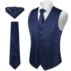 Enlision Men's Paisley Floral Jacquard Vest & Tie and Pocket Square Vest Suit Set, blue