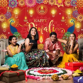 Happy Diwali Banner Diwali Backdrop for Indian Festival of Lights Decorations Deepavali Indian Party Outdoor Home Wall Photo Shoot Props (7X5FT)