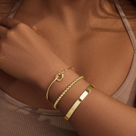 Gold Cuff Bracelets Set for Women, 14K Real Gold Plated Bangle Link Chain Bracelets, Trendy Stackable Waterproof Jewelry Gifts Adjustable