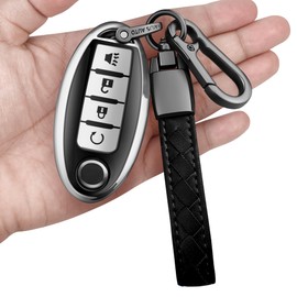 Compatible with Nissan Key Fob Cover with Leather Keychain,Soft TPU Key Shell case Fit for Altima Sentra Maxima Rogue Armada Pathfinder Infiniti Smart Remote Key (Silver, 4 Buttons-B)