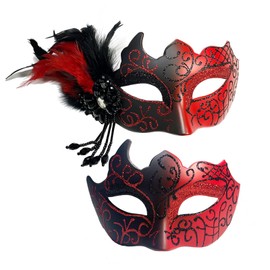 Yimianshou masquerade mask couples set mardi gras venetian Feathers masquerade ball mask for woman men(Feather Set-Red)