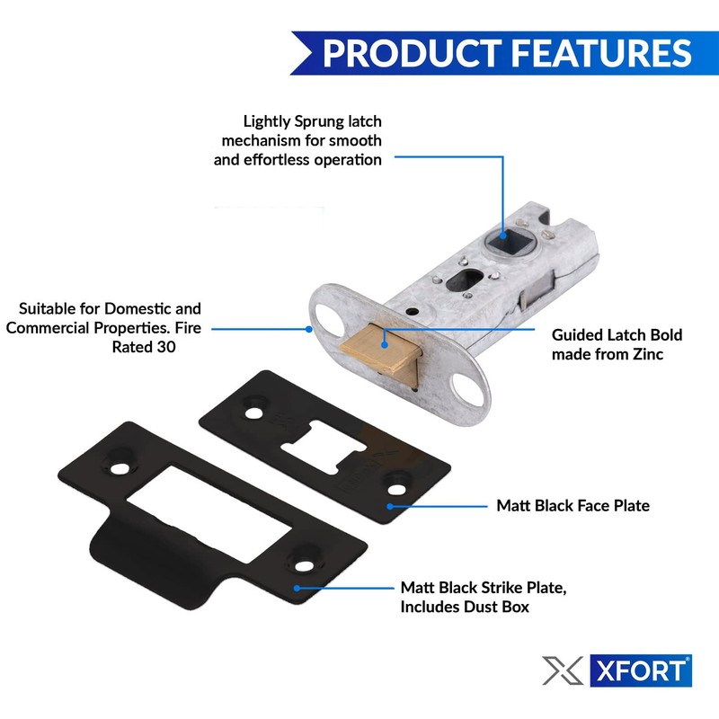 XFORT Tubular Latch, Matt Black, Tubular Door Latch for Internal