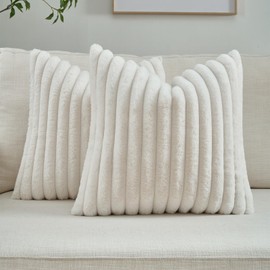FUTEI Cream White Striped Decorative Throw Pillow Covers 18x18 Inch Set of 2,Square Spring Decorations Couch Pillow Case,Soft Cozy Faux Rabbit Fur & Velvet Back,Modern Home Decor for Bed