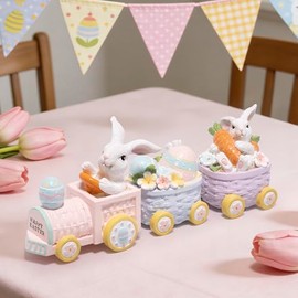 Hodao - cifras de tren de conejo de Pascua, 3 piezas de resina para decoración de mesa con zanahorias y huevos, decoración de primavera pastel para el hogar, estante, mantel, bandeja escalonada