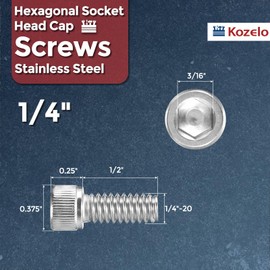Kozelo 10pcs Socket Head Cap Screws - [1/4"-20 x 1/2"] UNC 304 Stainless Steel Allen Socket Drive for Electrical Motor 3D Printing Fan Engine Replacement Use, Silver