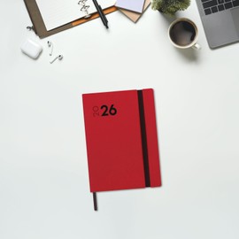 Finocam - Calendar 2026 Day to a Page January - December (12 Months), Year Planner 2026 with Elastic and Dot Ribbon, Soft Mara Cover, Red, Catalan