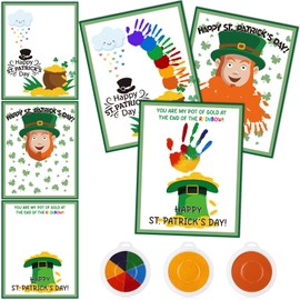 Motipuns 30 Pcs St. Patrick's Day Craft for Kid DIY Handprint Card with 3 Large Rainbow Ink Pad Make Your Own Irish Leprechaun Shamrock Gold Pot Coin Hats Card for Saint Patty's Day Classroom Activity