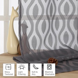 Aiyufeng Extra Long Grey Sheer Curtains 96 Inches Long for Bedroom 2 Panels Set, Farmhouse Wavy Line Light Filtering Clip Jacquard Solid Voile Living Room Curtains, Dual Rod Pocket, 40" Wx96 L Inches