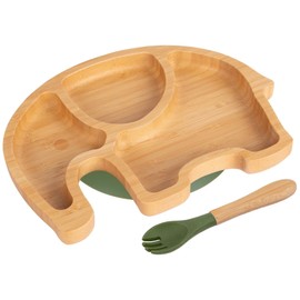Tiny Dining Baby Fork & Plate with Suction Cup - Elephant - 2pc - Olive Green - Divided Non-Slip Bamboo Self-Feeding Baby Weaning Plate & Cutlery for Babies, Toddlers, Children