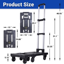 Upgraded 600LBS Heavy Duty Folding Hand Truck Dolly, Light Weight Utility Dolly Platform Cart with 7 Wheels, Brakes, Handle Lock, and 2 Elastic Ropes for Luggage, Moving, Shopping Use