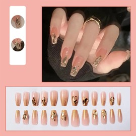 Gold French Tip Press on Nails Medium Long Length Square Fake Nails with Rhinestones Designs Pink Gradient Glossy False Nails Glitter Full Cover Acrylic Stick on Nails for Women Nail Art Decor 24Pcs