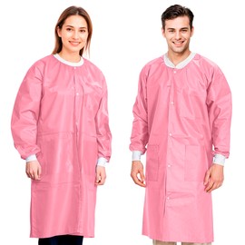 AMZ Medical Supply Disposable Lab Coats for Adults, 2X-Large. Pack of 5 Pink SMS Knee Length Lab Coat Disposable. Painting Lab Coat with Cuffs, Knit Collar, and 3 Pockets
