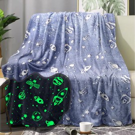 Jurllyshe Glow in The Dark Space Blanket Rocket Spaceship Planet Themed Glowing Throw Flannel Fleece Gifts Blankets for Kids Boys Girls Teens Youth Adult (Glow in The Dark Space, 50"x60")