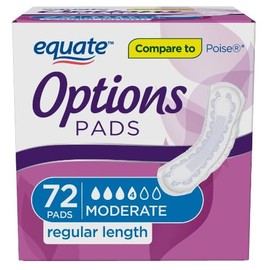 Generic Equate Options Incontinence Pads for Women, Moderate Absorbency, Regular Length, (72 Count), White