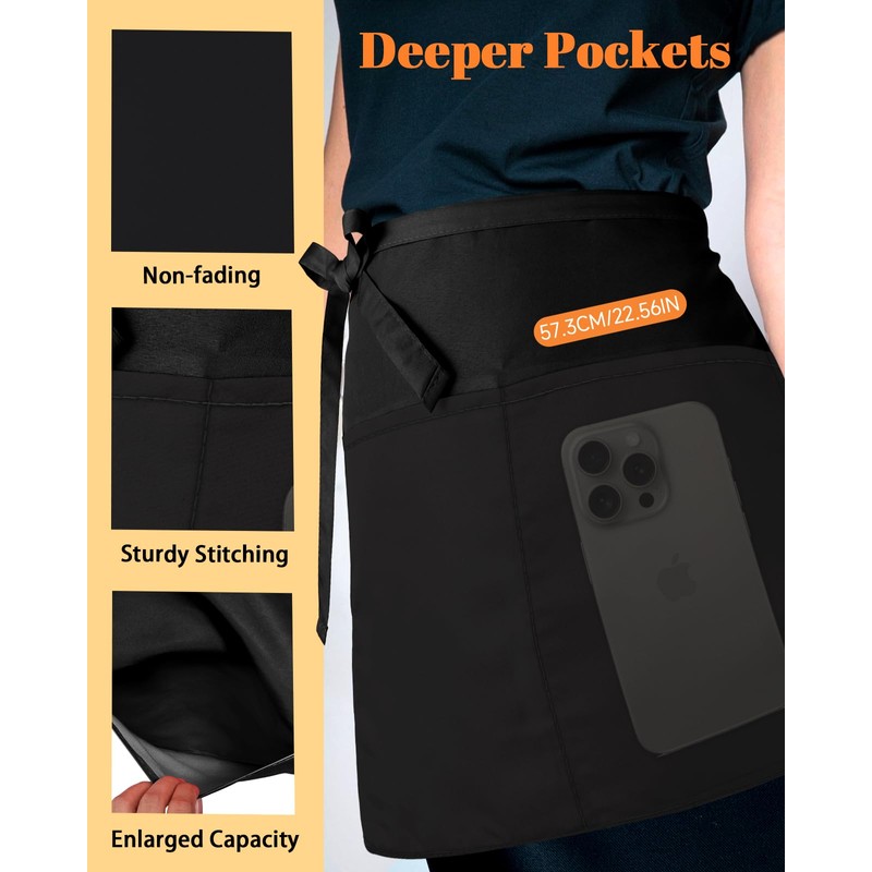 Slohif Reversible Server Apron with 6 Pockets - Waist Apron