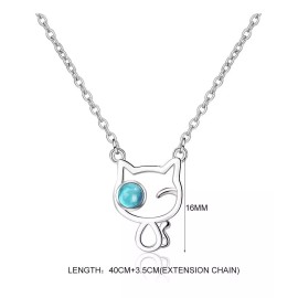 KH Collar Gato Gatito Ojo De Piedra Azul Plata 925 Dije Cadena